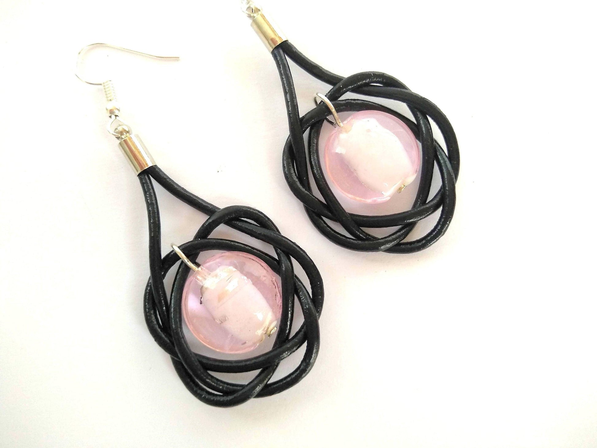 Pendientes cristal rosa, cuero y plata
