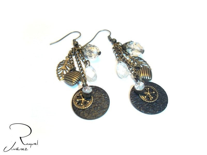 Pendientes largos de cristal y bronce con corazón, pendientes estilo vintage, pendientes con corazón romántico, pendientes de estilo retro.