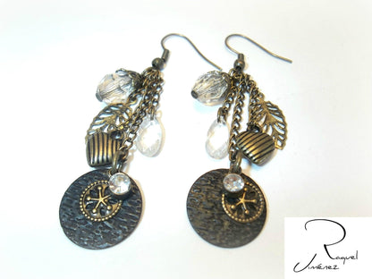 Pendientes largos de cristal y bronce con corazón, pendientes estilo vintage, pendientes con corazón romántico, pendientes de estilo retro.