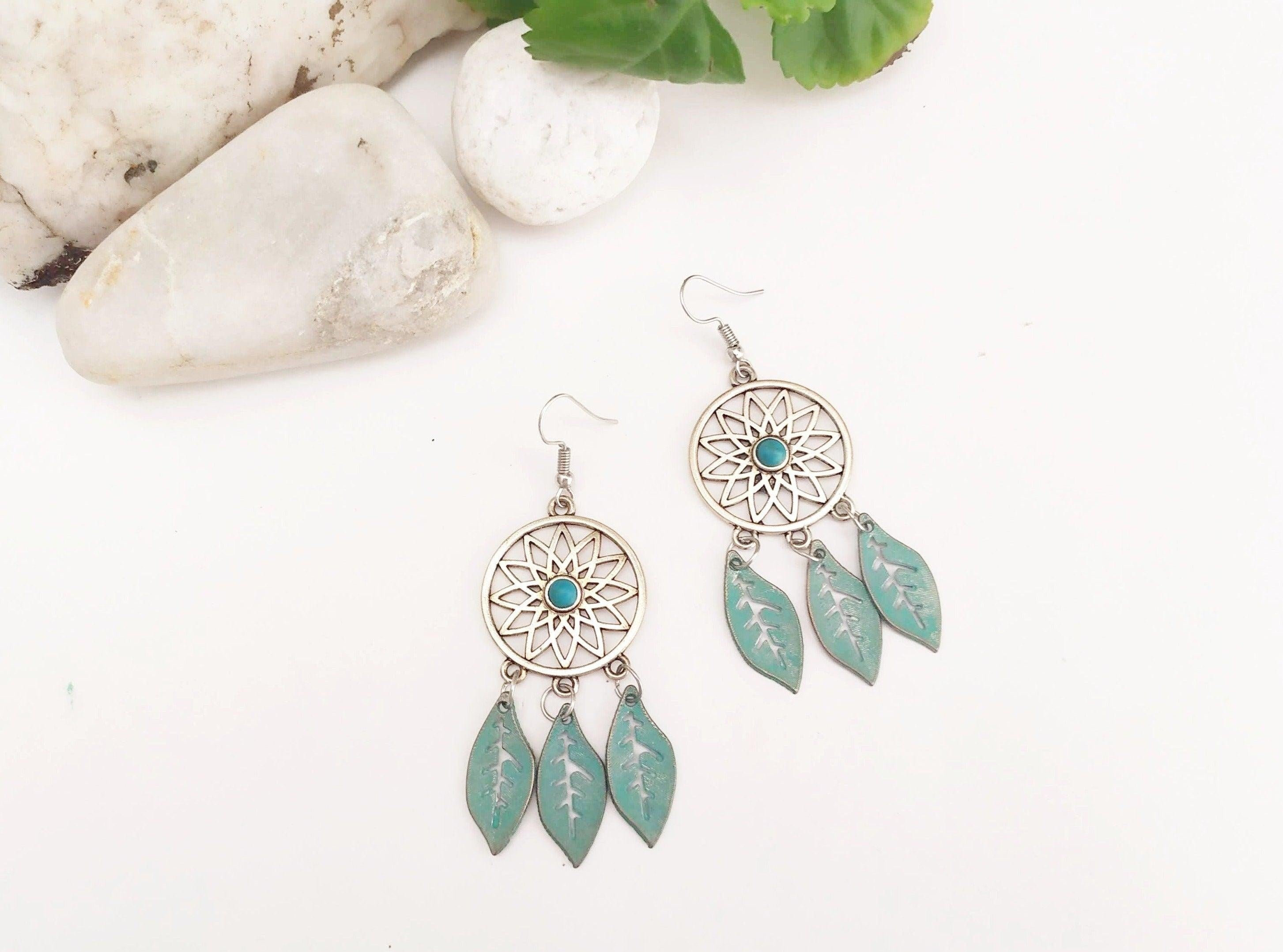 Western Turquoise Dream Catcher Feathers Necklace-Earrings | Show Me Country
