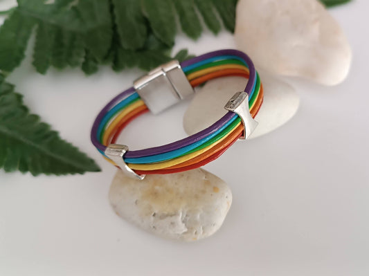 Pulsera de cuero arco iris con con cierre magnético 