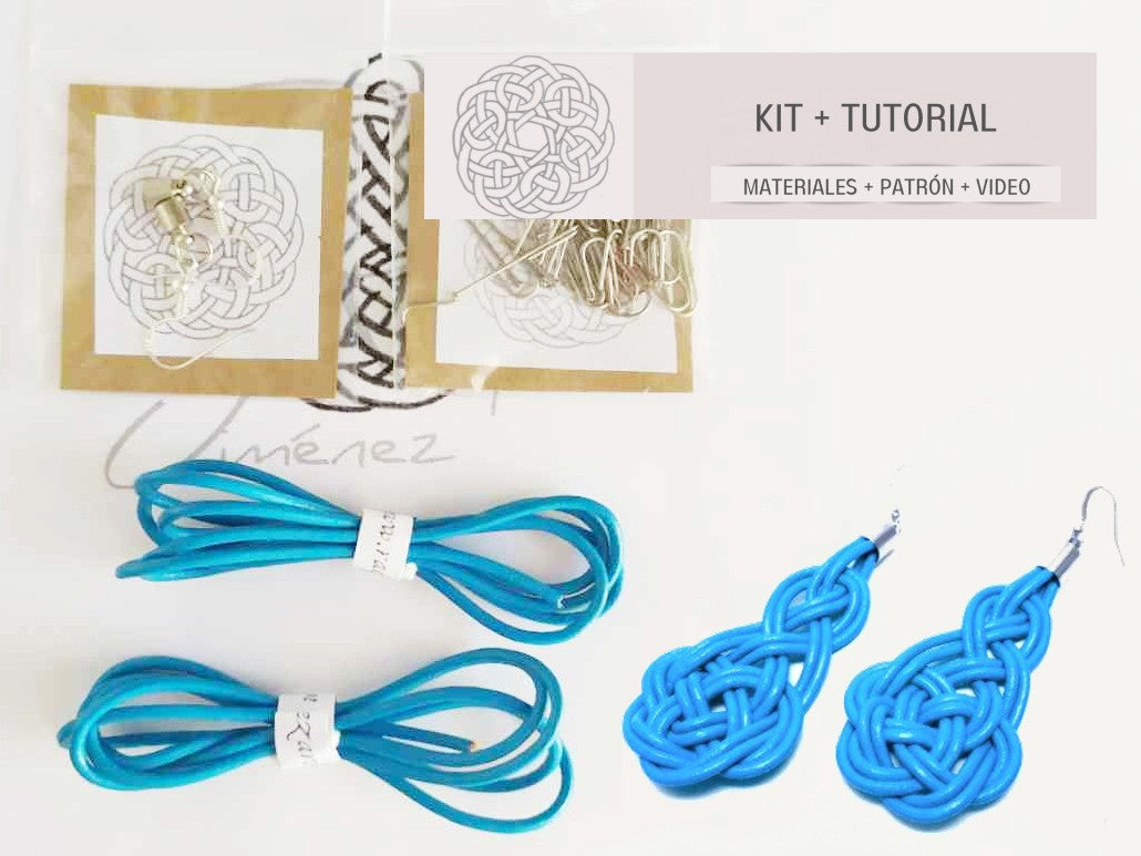 kit con materiales, tutorial y patrón para hacer pendientes de macramé en cuero. Raquel Jiménez Artesanía