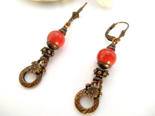 pendientes vintage bronce y rojo