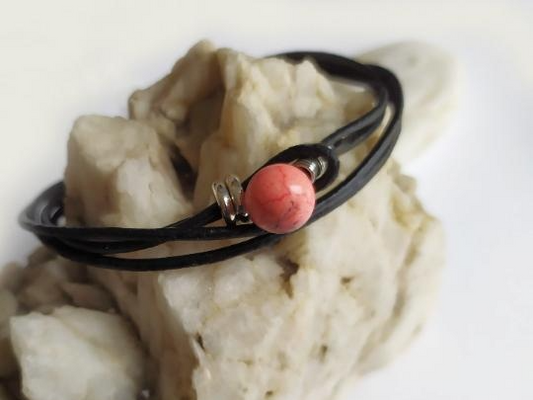 Unique black leather and red coral two-strand bracelet